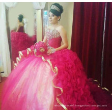 Gold and Pink Crystal Elegant Ruffles Big Puffy Quinceanera Dresses